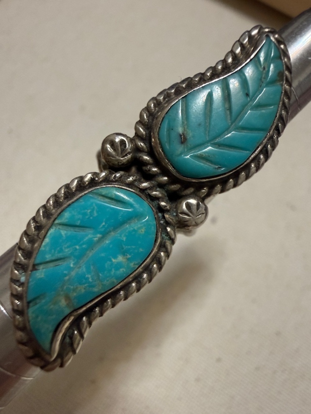 Hand-crafted Turquoise Sterling Silver Leaf  Teardrop Ring not marked 5.25